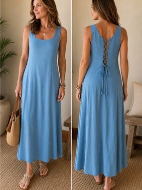 NWT Gaya Sleeveless Square Neck Maxi Lounge Dress in Sky Blue Sz M